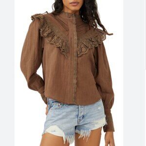 Free People hit the road blouse in coffee date size s EUC prairie ruffle cottage